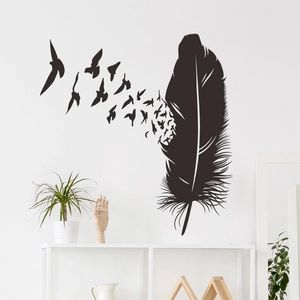 Artistic black feather and flying birds wall sticker for modern home living room decor