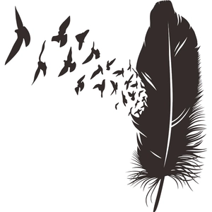 Artistic black feather silhouette wall sticker with birds flying for home decor