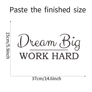 Detailed dimensions of Dream Big Work Hard wall sticker measuring 15cm height and 37cm width