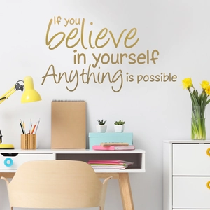 Golden 'Believe in yourself' wall decal for modern minimalist home office decor