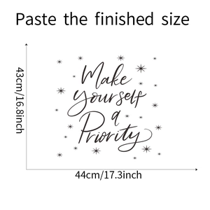 Wall sticker dimensions of Make yourself a priority text with stars at 44x43cm size
