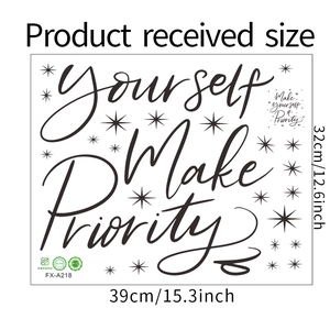Detail showing dimensions of Make Yourself a Priority PVC wall sticker with star patterns