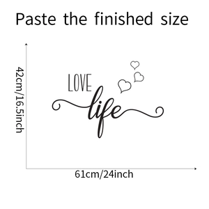 Detailed size guide for LOVE LIFE wall sticker measuring 61cm x 42cm for home decor