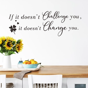 Detail of inspirational quote wall sticker showing typography on white wall