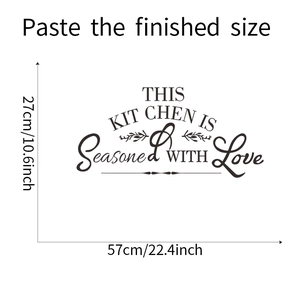 Detail showing This Kitchen is Seasoned with Love wall sticker with 57x27cm dimensions