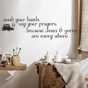 Adesivo murale nero con scritta 'Wash your hands' e grafica mostro per il bagno di casa