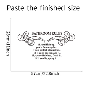 Detail of Bathroom Rules wall sticker featuring black cursive script and scroll motifs