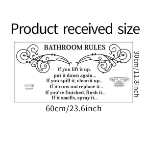 Detail view of Bathroom Rules wall sticker with floral borders and 60x30cm dimensions