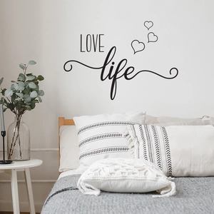 Minimalist black Love Life wall sticker with three hearts for bedroom home wall decor