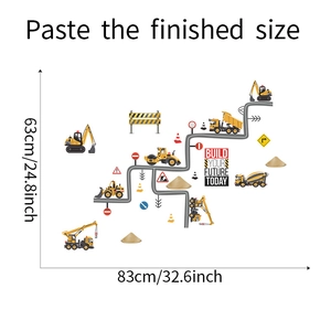 Detailed wall sticker layout of cartoon construction vehicles and road signs with dimensions