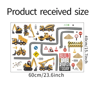 Flat lay showing construction vehicle wall decals set measuring 60x40cm for kids rooms
