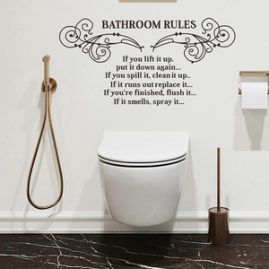 Minimalist Bathroom Rules wall decal with black vinyl scroll design and modern typography
