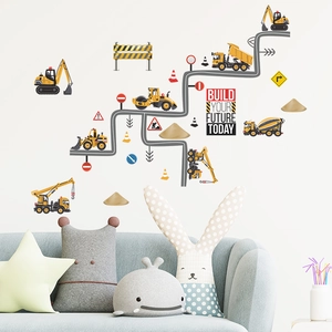Cartoon construction vehicle wall stickers for nursery featuring yellow excavators and cranes