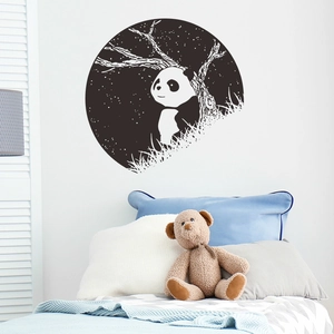 Modern black and white panda wall sticker in a cozy bedroom with starry sky design