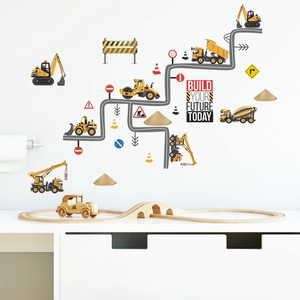 Construction site wall decals for kids room with excavator and road signs stickers