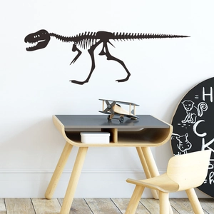 Detailed view of black T-Rex skeleton wall sticker in a modern kids bedroom setting