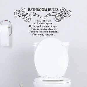 Minimalist black Bathroom Rules wall decal with elegant scroll art for home decor