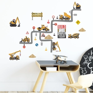 Detail of vibrant cartoon excavator and road wall stickers for children's room decoration