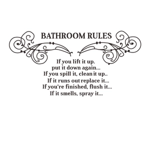Minimalist black Bathroom Rules wall sticker with vintage vine decorative design