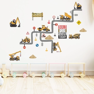 Construction Vehicle Excavator Road Wall Stickers For Kids Room Nursery PVC Self Adhesive Building Your Future Home Decor