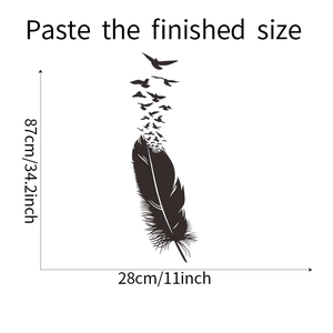 Detail showing dimensions of black feather bird wall sticker at 87cm high and 28cm wide