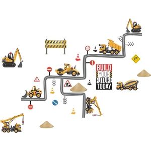 Cartoon construction vehicle wall stickers set featuring excavators and cranes for kids
