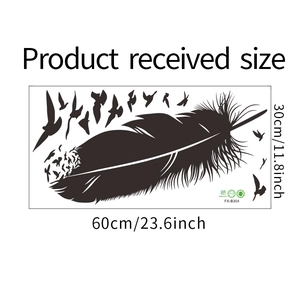 Detailed size chart showing black feather and bird wall decals measuring 60x30cm for home decor