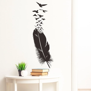 Artistic black feather turning into birds wall sticker for modern living room decor