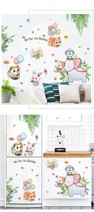 Detailed scenario shows of cute cartoon animal wall stickers on white fridge and cabinet