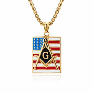 Pendentif franc-maçon doré avec drapeau américain et symbole maçonnique sur chaîne
