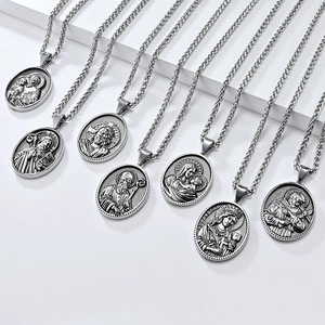 Collier Pendentif Portrait Religieux en Acier Inoxydable Vintage pour Hommes Femmes Rétro Jésus Marie Médaillon en Relief Bijoux