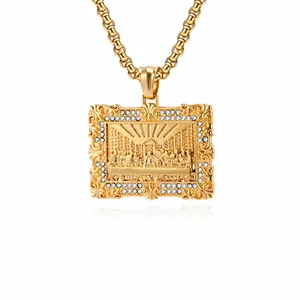 Collar de Colgante La Última Cena Hip Hop Vintage Acero Inoxidable Relieve Religioso Joyería de Strass para Hombres Mujeres Oro Plata