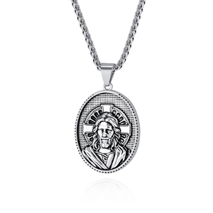 Collier vintage en acier titane argenté avec pendentif portrait de Jésus et chaîne spiga