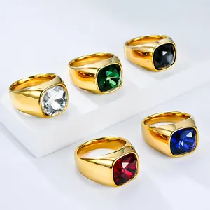 Chevalière en Acier Inoxydable avec Strass Carré Unisexe Chic Poli Géométrique Bague de Mode pour Fête Bijoux