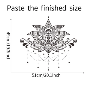Detail of black mandala lotus wall sticker with dimensions of 51cm by 49cm on white background