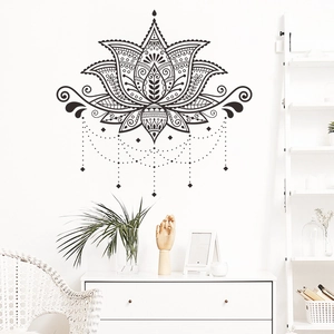 Self-adhesive black mandala lotus wall sticker for bedroom and living room decor