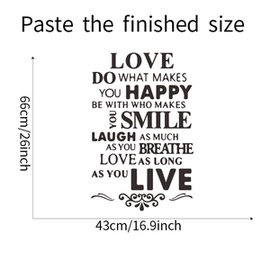 Detail of LOVE quote wall sticker showing 43x66cm dimensions and black minimalist font