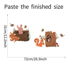 Detailed sheet showing cartoon forest animals wall stickers with precise size measurements