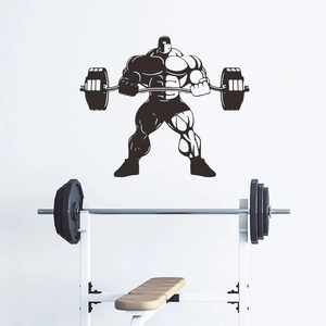 Black muscle man silhouette wall decal with barbell for home gym and fitness room decor