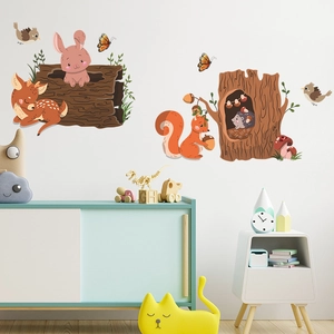 Cartoon forest animals wall stickers set featuring deer and rabbit for kids room decor