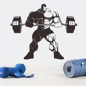 Black silhouette fitness wall sticker of bodybuilder with barbell for gym home decor