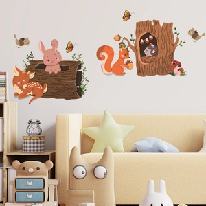 Cartoon forest animals wall stickers with deer and rabbit for kids nursery room decor