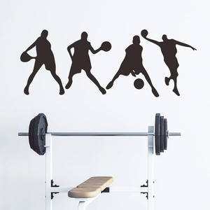 Vier schwarze Silhouette Basketball Wandaufkleber für das Fitnessstudio mit Dribbling und Dunk