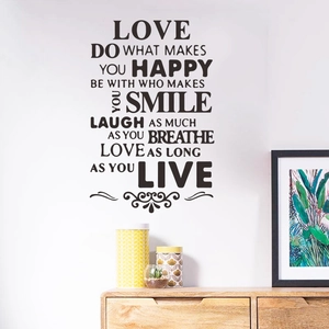 Black artistic LOVE and life quotes wall decal for home decor with elegant floral scroll accents