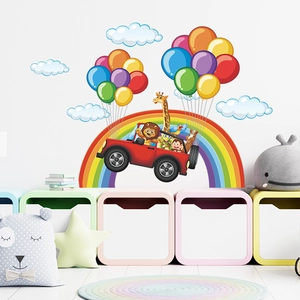 Cartoon animal car with rainbow and colorful balloons wall stickers for nursery decor