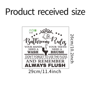 Adesivo murale Bathroom Rules in PVC nero con citazioni e dimensioni di 29x26cm