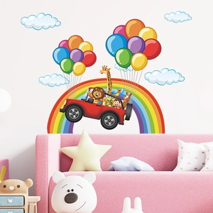Cartoon animal car wall sticker with rainbow and balloons for nursery decor