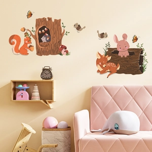 Cartoon Forest Animal Wall Stickers PVC Waterproof Deer Rabbit Fox Decals For Kids Room Nursery Kindergarten Home Decor