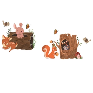 Cartoon forest animal wall stickers with deer, squirrel and rabbit for kids nursery room decor