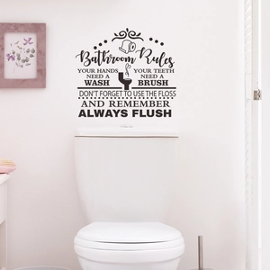Dettaglio adesivo murale in PVC Regole del Bagno con icone in vinile nero sulla parete